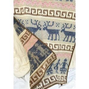 Vtg Moose Reindeer BIEDERLACK GERMANY MCM Lodge Cabin PASTEL Reversible Blanket